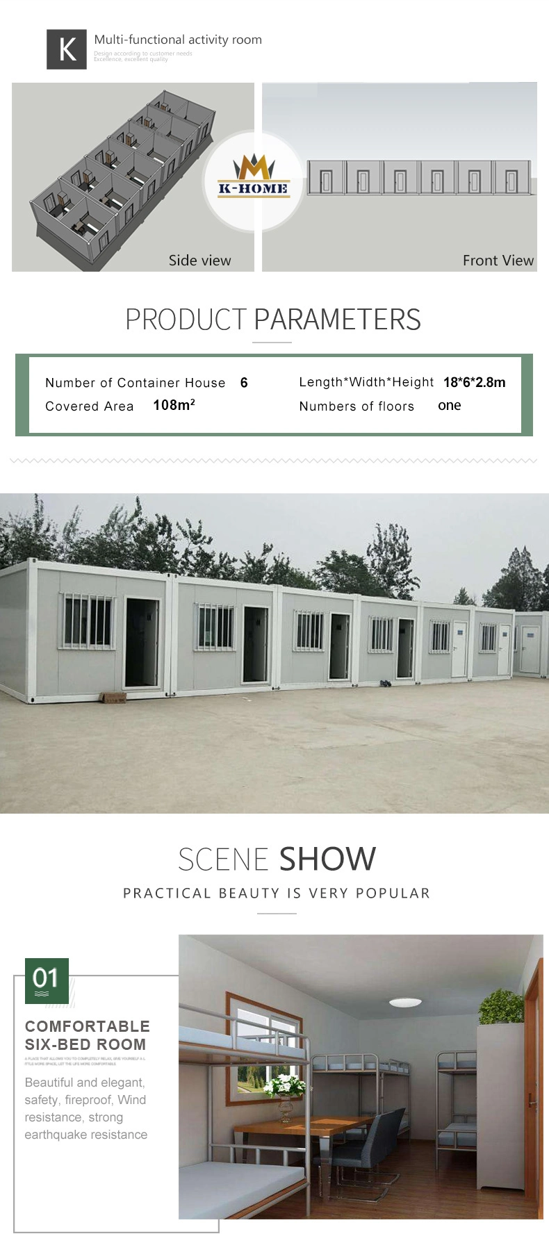 Single Story Prefab Container Homes Worker Dormitory for 24 People